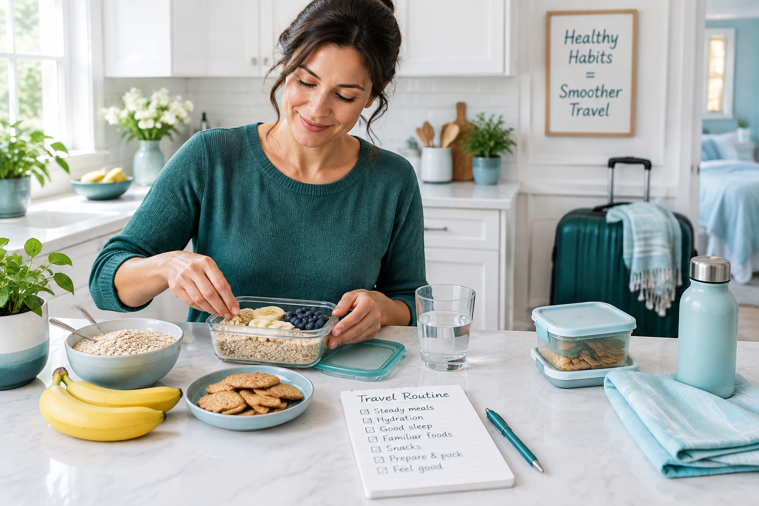 Preparing familiar foods and hydration for sensitive-gut travel and IBS