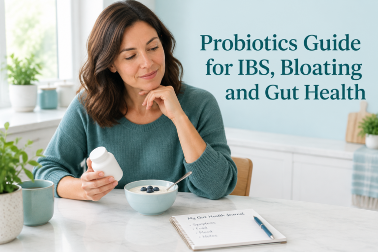 Probiotics guide for IBS, bloating and gut health with supplements, yogurt, and a symptom journal