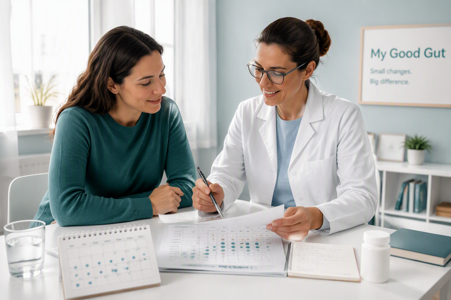 Patient and healthcare professional reviewing probiotic symptom results and timeline
