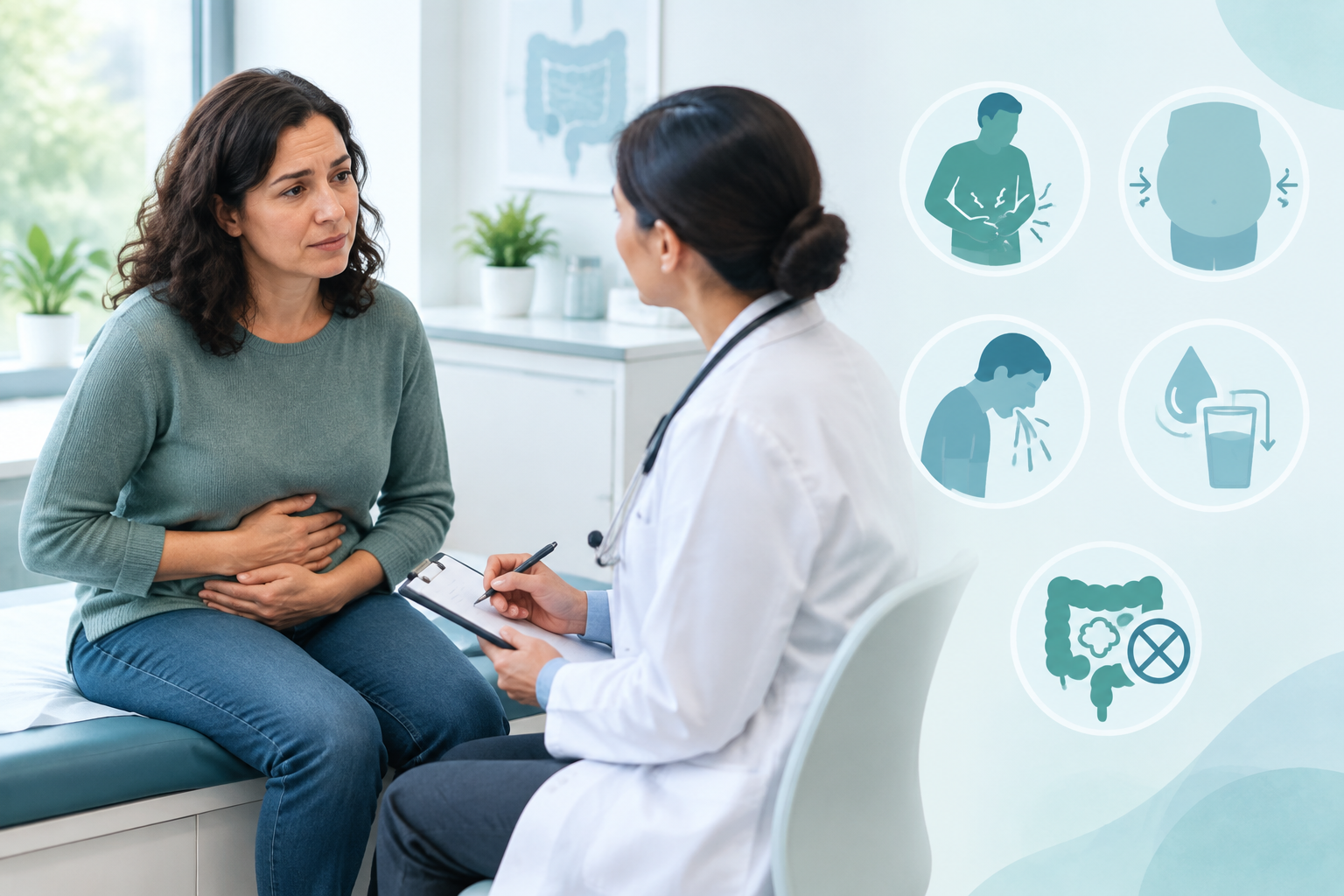 Bowel obstruction symptoms including abdominal swelling, pain, vomiting, and dehydration