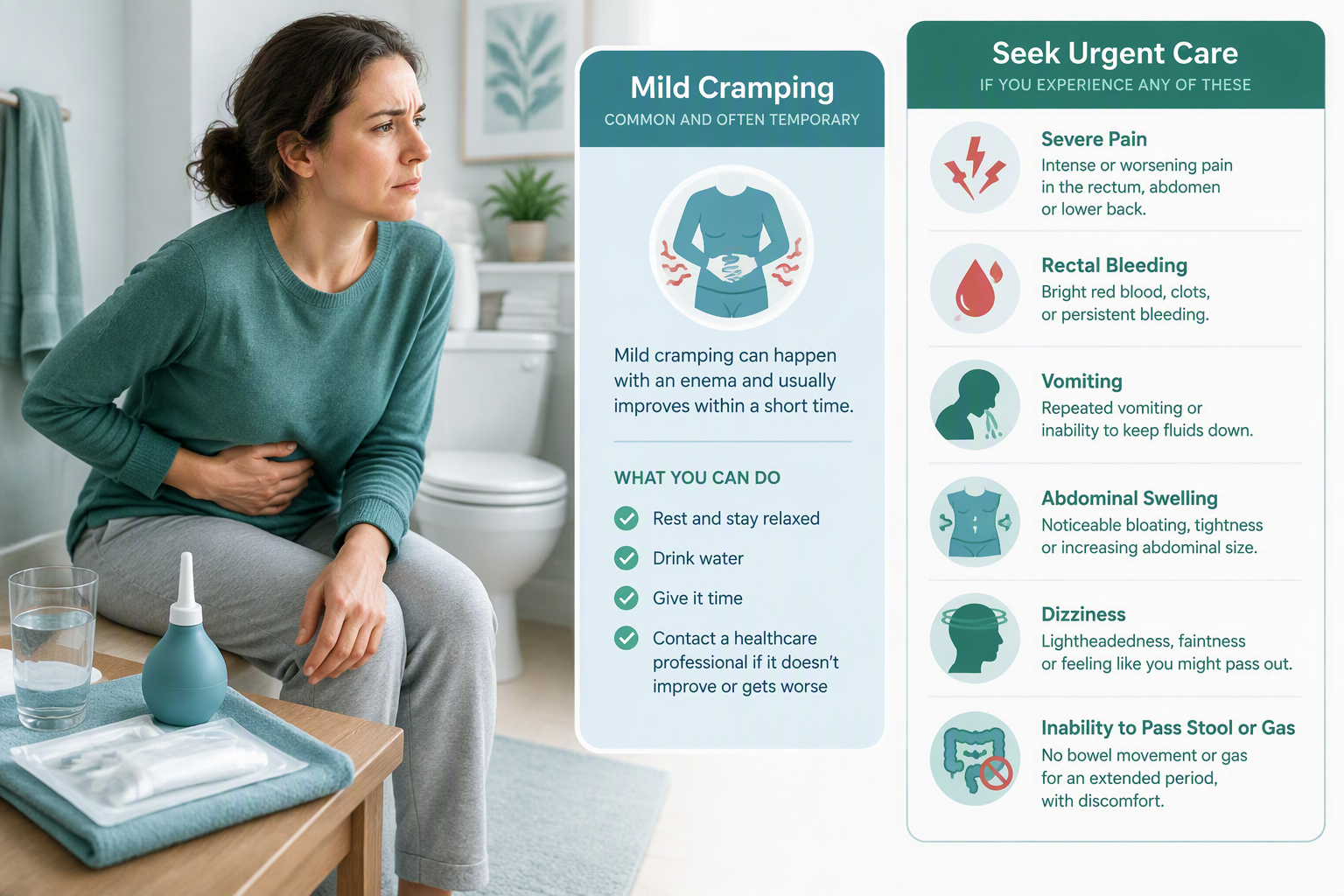 Warning signs after an enema, including pain, bleeding, vomiting, swelling, and dizziness