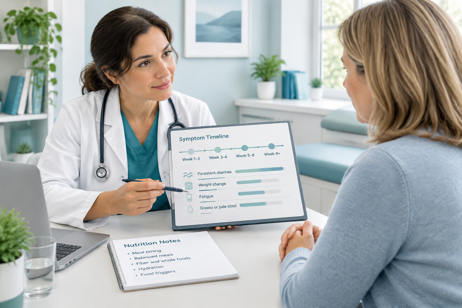 Clinician discussing malabsorption symptoms linked to persistent diarrhea and weight loss