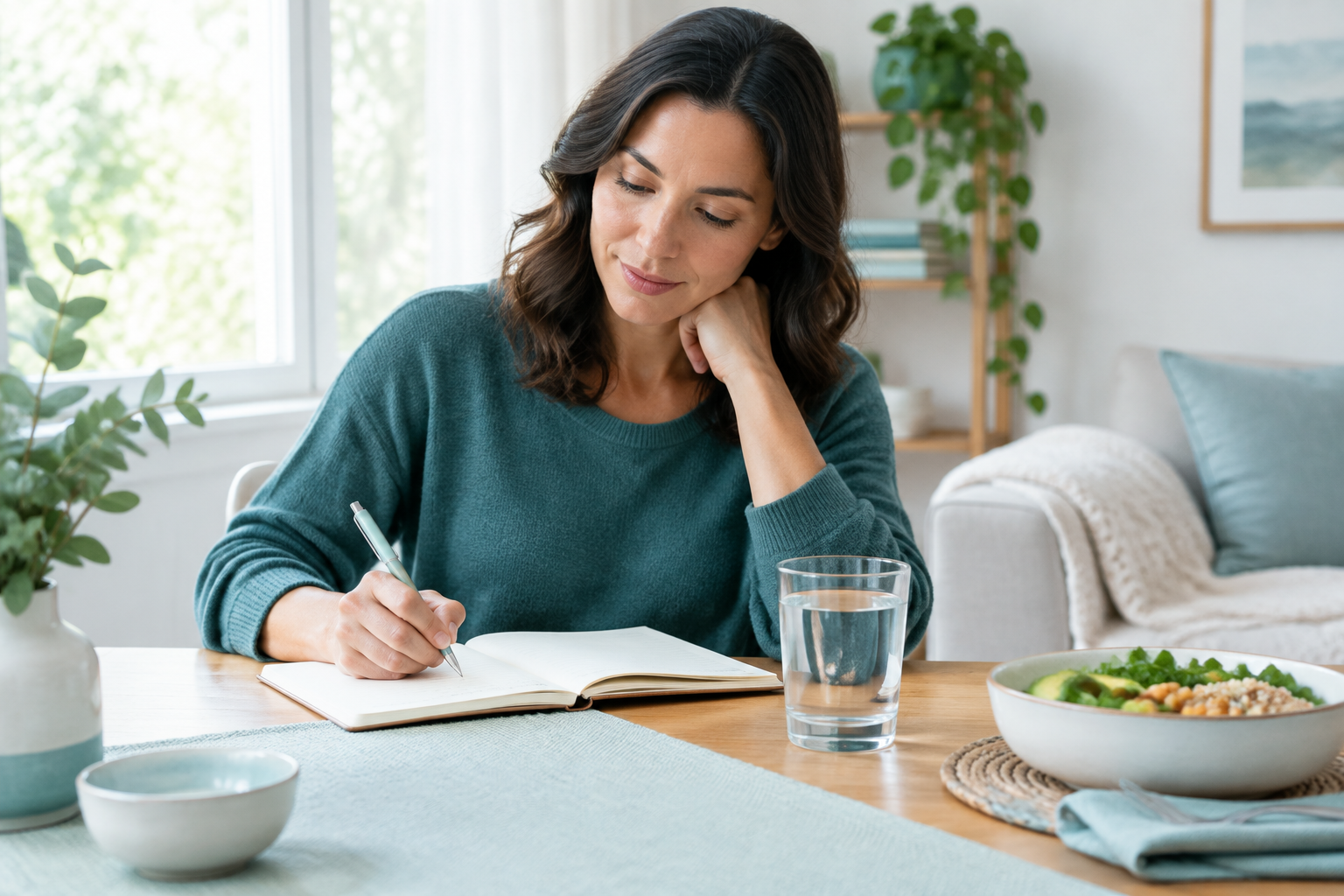 Adult tracking bloating and other celiac disease symptoms in a notebook