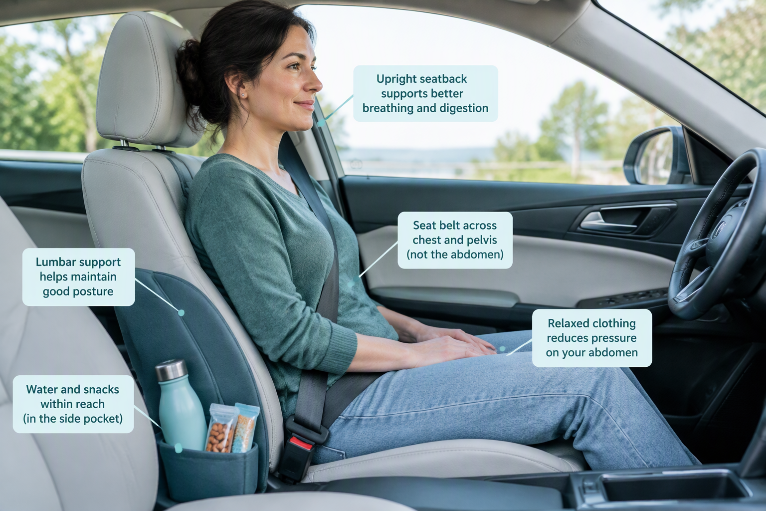Upright car posture and comfortable seat belt position to reduce reflux pressure