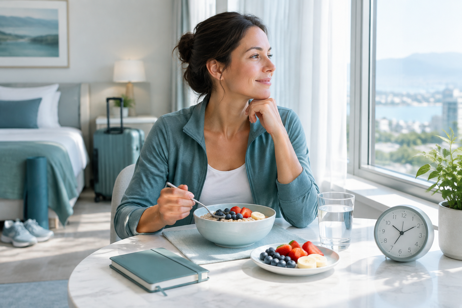 Familiar breakfast and hydration to reset meal timing after travel jet lag