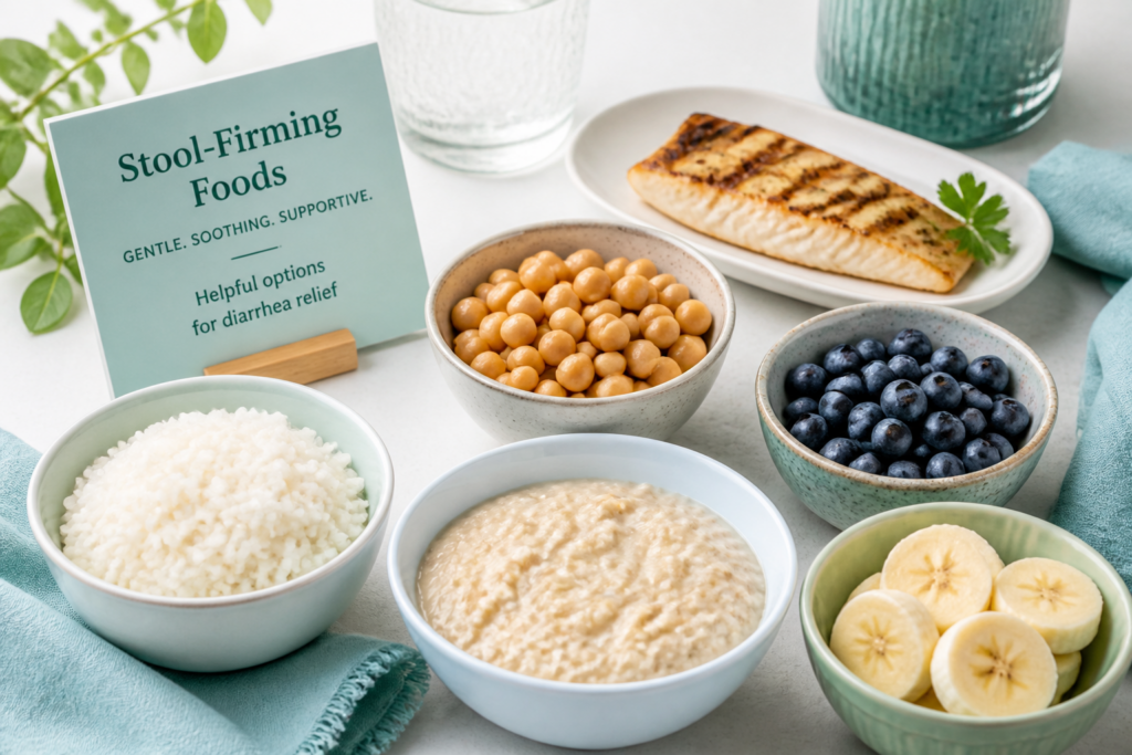 A selection of foods labeled as “Stool-Firming Foods,” such as grilled fish, chickpeas, bananas, and oatmeal, arranged on a table with a sign highlighting ibs-d diet options for diarrhea relief.