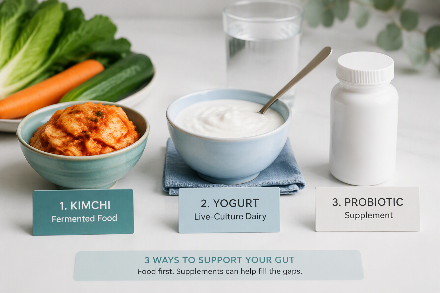Kimchi, live-culture yogurt, and probiotic supplement comparison