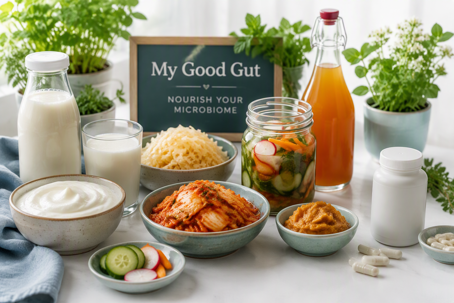 Probiotic foods and supplements compared for a balanced gut health diet