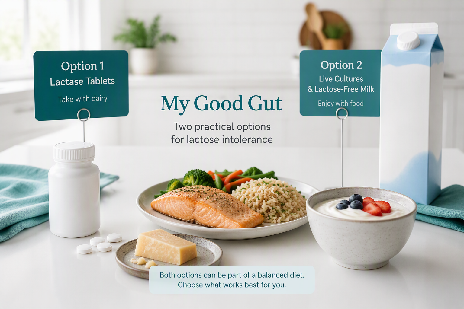 Lactase, lactose-free milk, and yogurt options for lactose intolerance