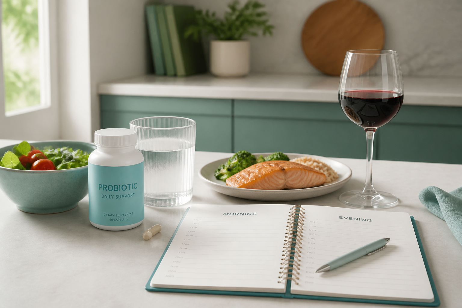 Probiotic routine, alcohol timing, and digestive health guidance