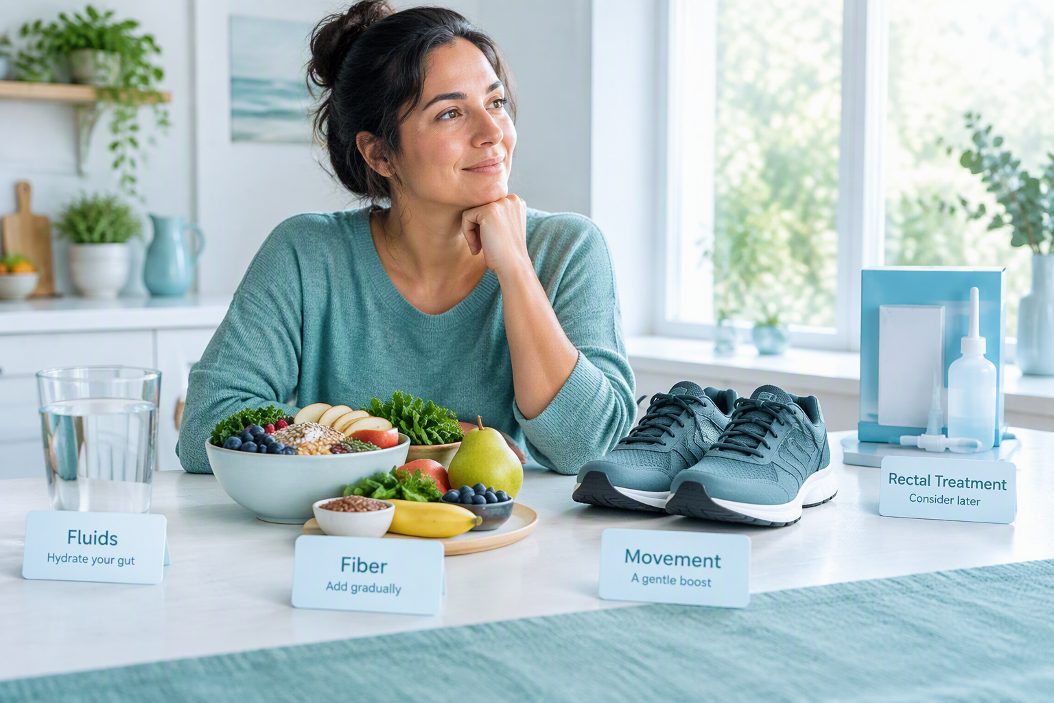 Constipation relief options before an enema: fluids, fiber, movement, and oral treatment