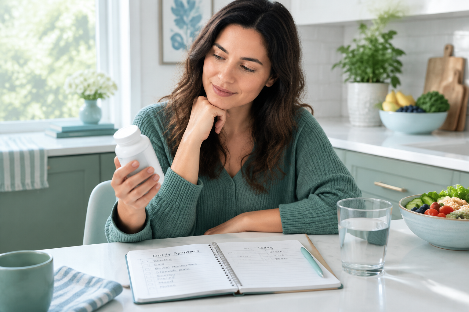 Adult with IBS evaluating a prebiotic fiber supplement and symptoms