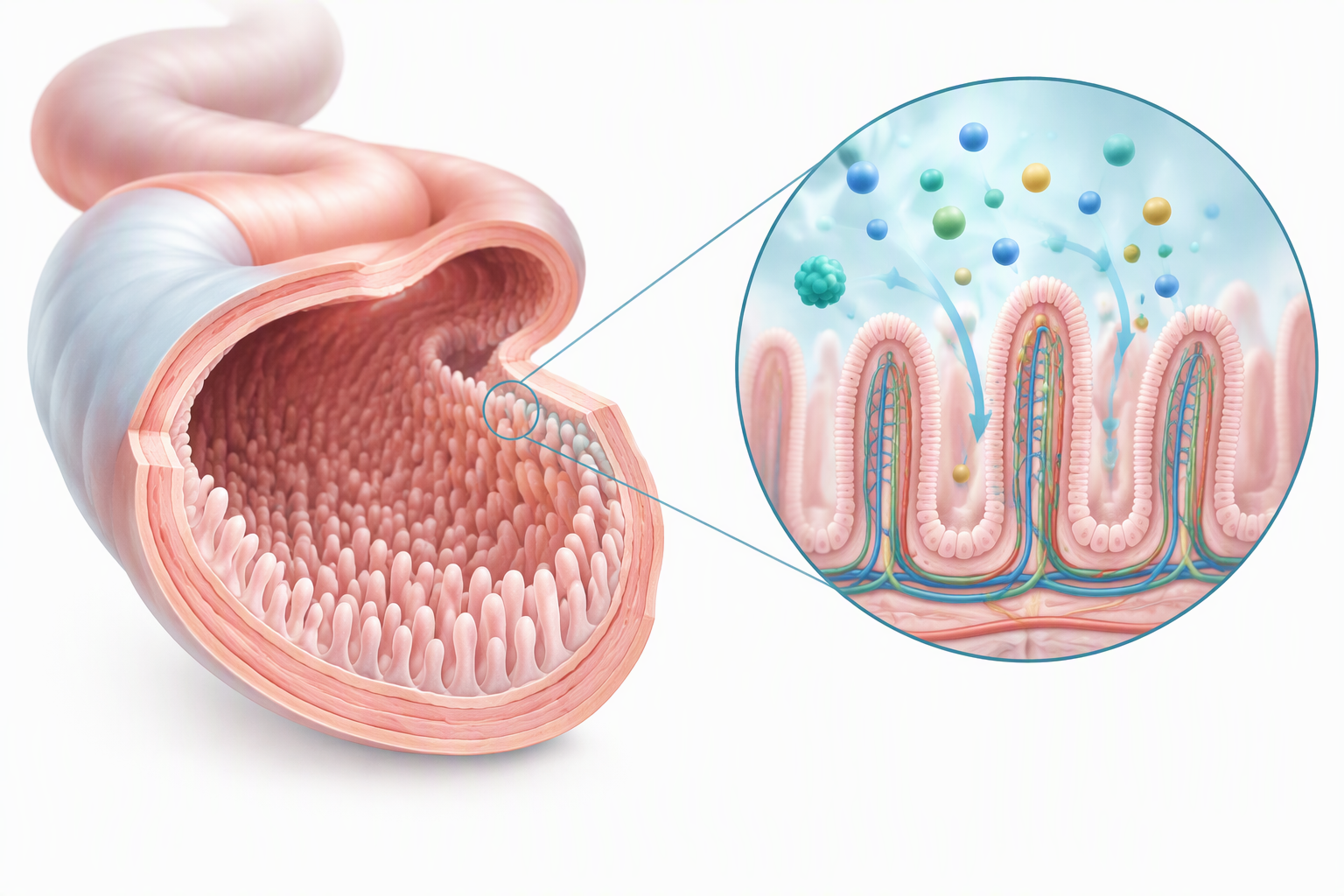 Small intestine villi illustration explaining nutrient absorption and digestive disorders