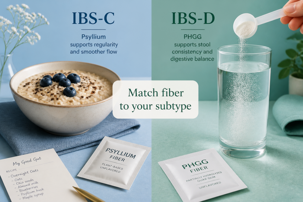 A split image shows a bowl of oatmeal with blueberries and a psyllium fiber packet for IBS-C, and a hand adding PHGG fiber to water for IBS-D. Text reads: “Match the right fiber to your subtype.” Your fiber guide for managing IBS.