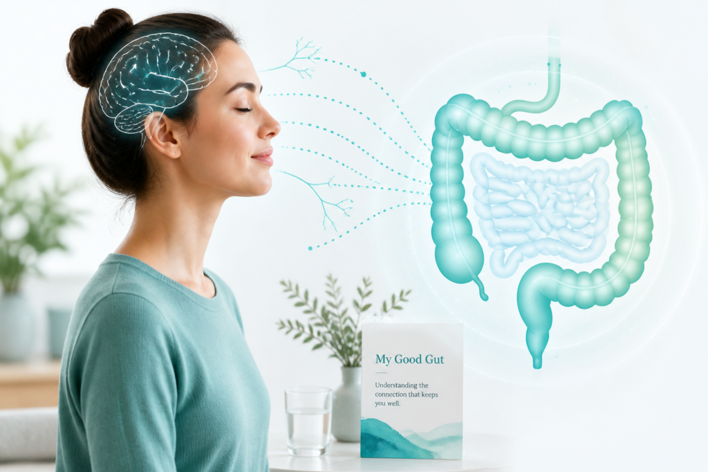 A woman sits peacefully with her eyes closed. Illustrations of a brain and digestive system, highlighting what causes IBS, are shown next to a book titled "My Good Gut" on a table with a plant.