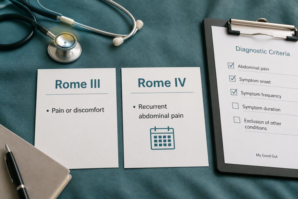 Cards labeled “Rome III” and “Rome IV” describe abdominal pain criteria. A stethoscope, notebook, and guide highlight IBS subtype comparison and emphasize key gastrointestinal diagnosis concepts.