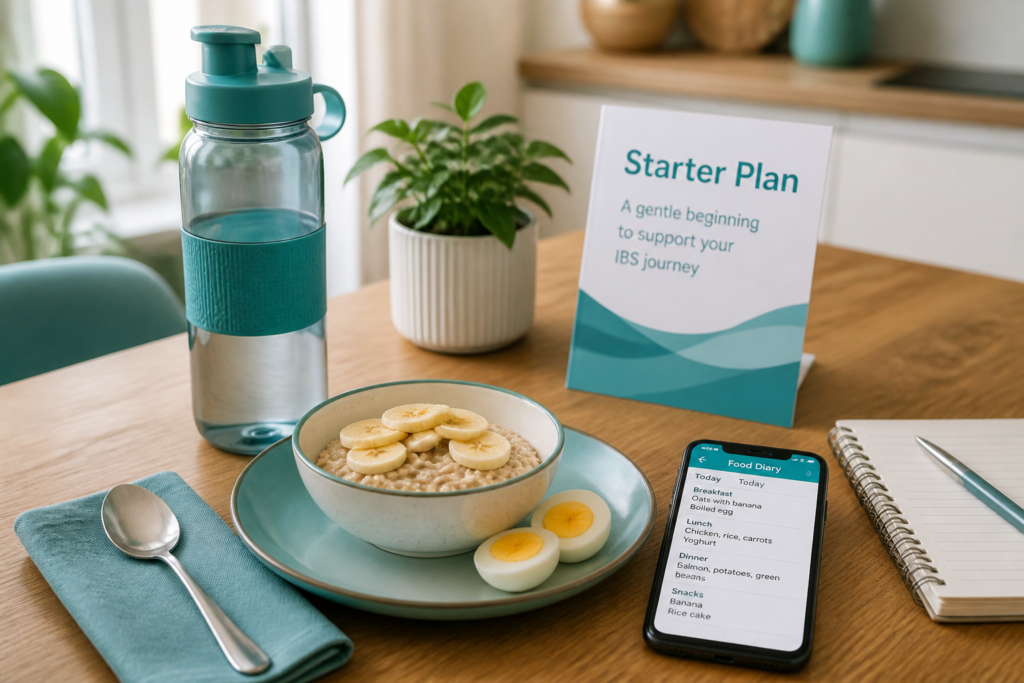 A bowl of oatmeal with banana slices, a boiled egg, a glass water bottle, a food diary app open on a smartphone, and a “Starter Plan” sign for IBS treatments on a wooden table. A plant and notepad sit in the background.