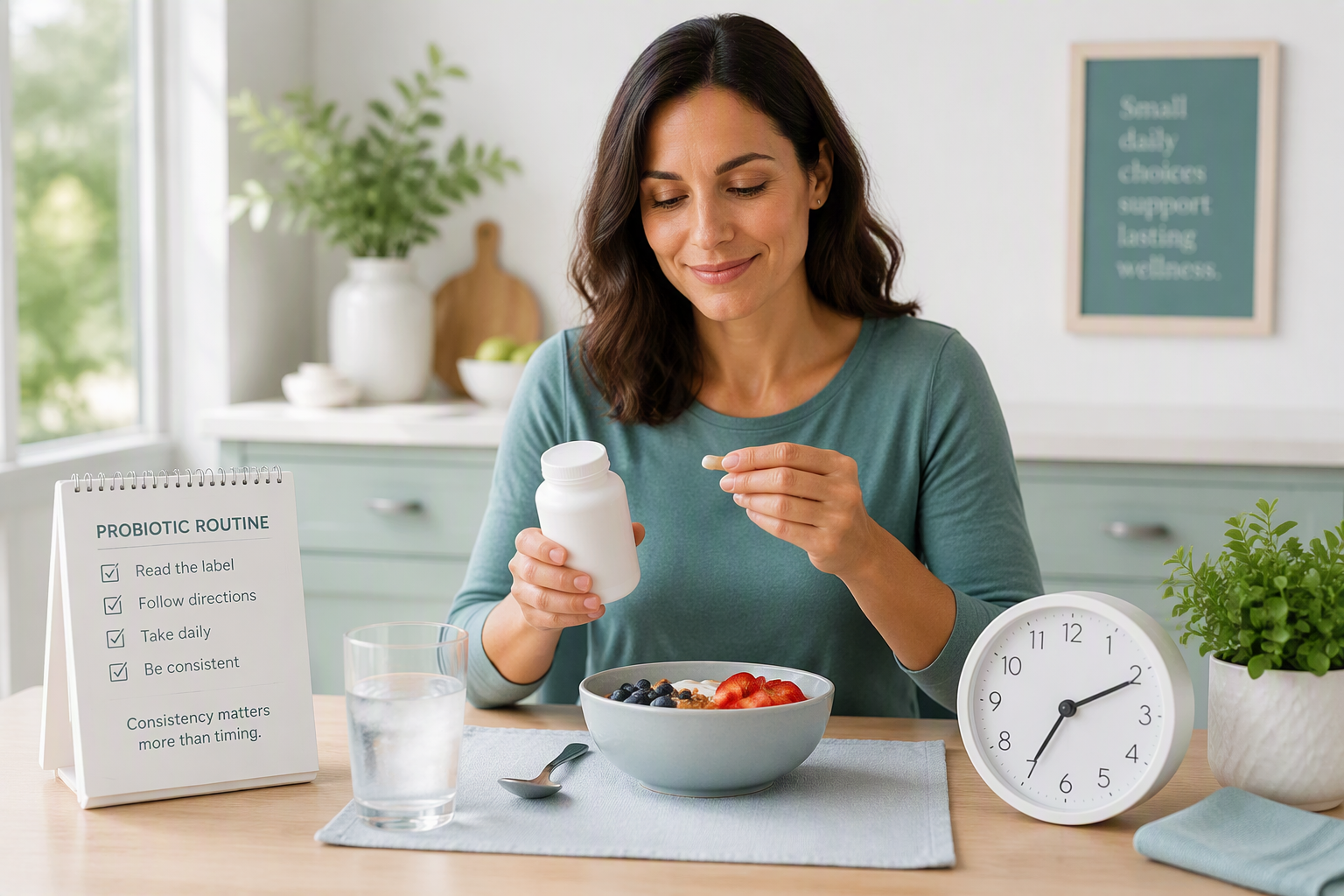 Choosing when to take probiotics with breakfast, water, and a daily routine