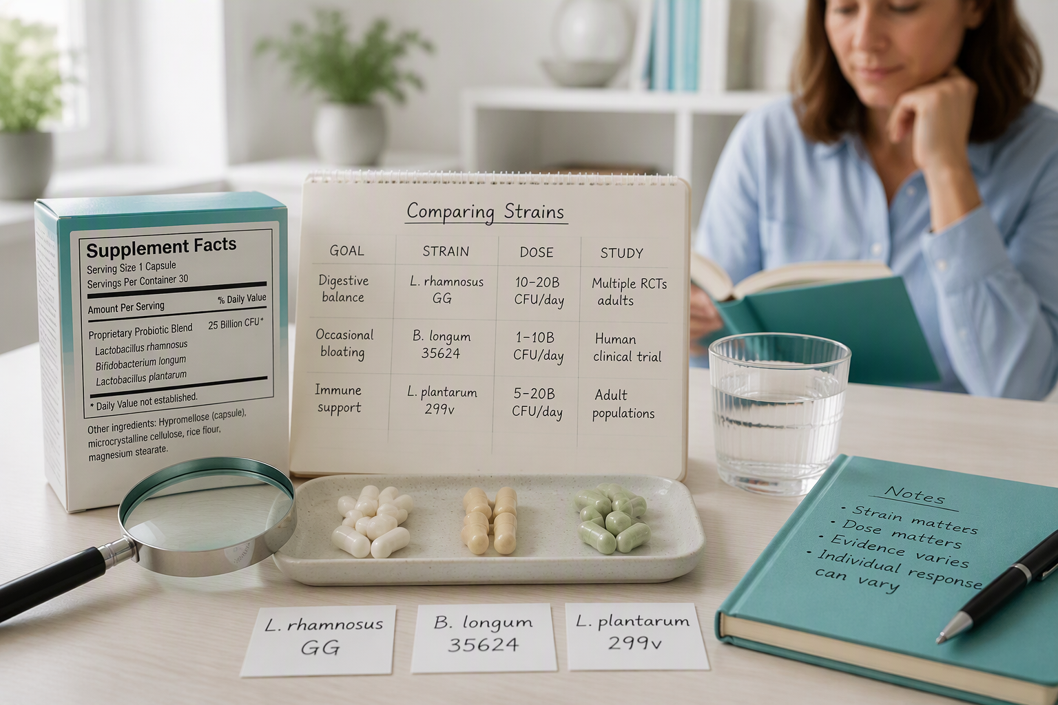 Reader comparing studied probiotic strains, doses, and digestive health goals