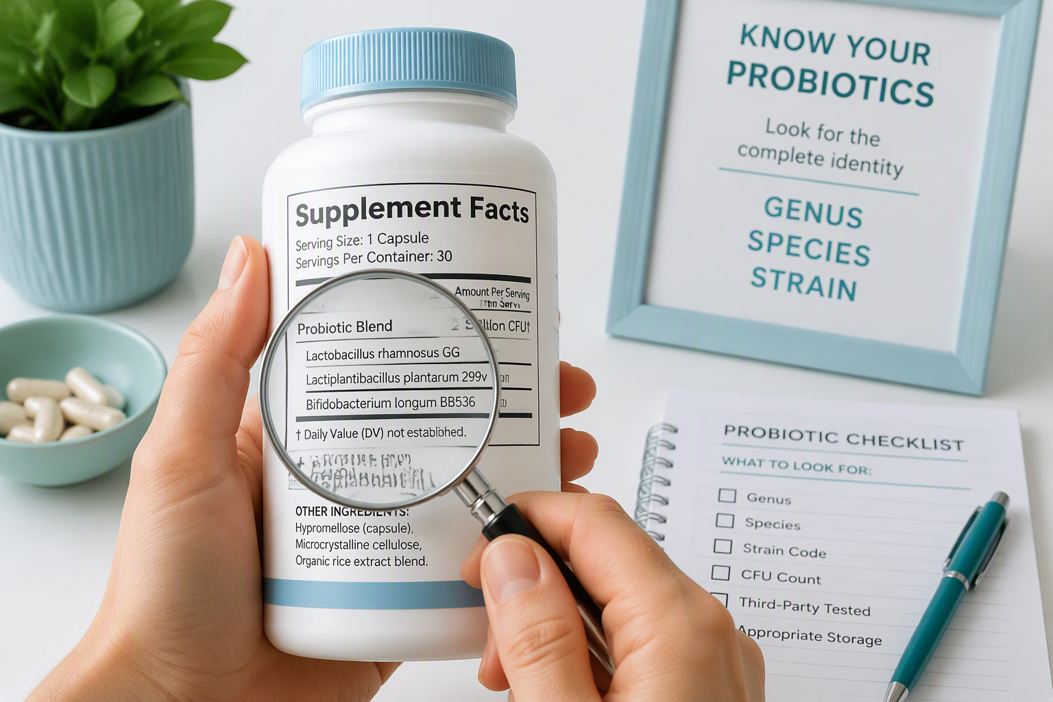 Probiotic label showing genus, species, and strain code for evidence-aware comparison