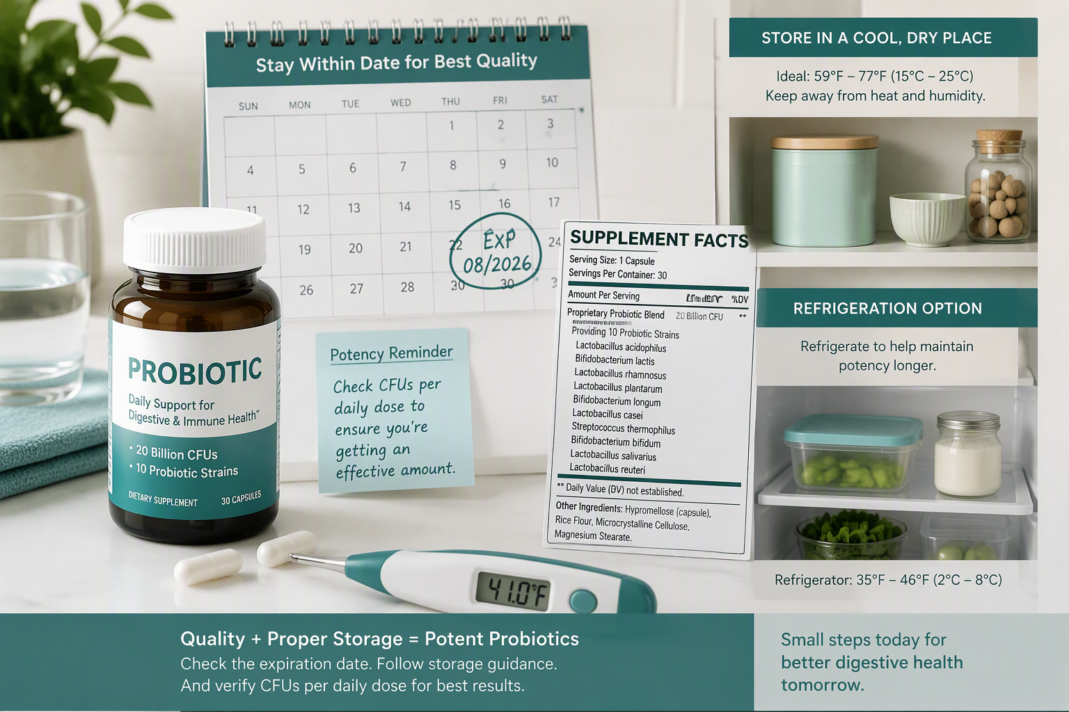 Probiotic bottle with CFU details, expiration date, and proper storage instructions
