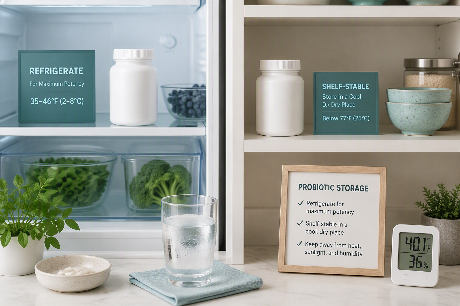 Proper probiotic storage in a refrigerator or cool dry cupboard