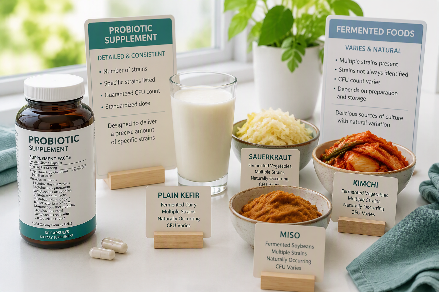 Probiotic supplement compared with kefir, sauerkraut, kimchi, and miso