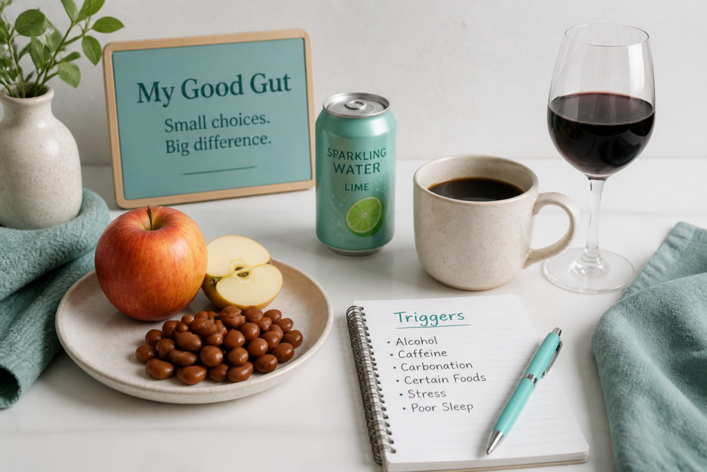A plate with an apple and chocolate-covered almonds, a sparkling water can, black coffee, red wine, and a notebook listing "Triggers: Alcohol, Caffeine, Carbonation, Certain Foods"—common concerns for those managing IBS M symptoms. A sign reads "My Good Gut.