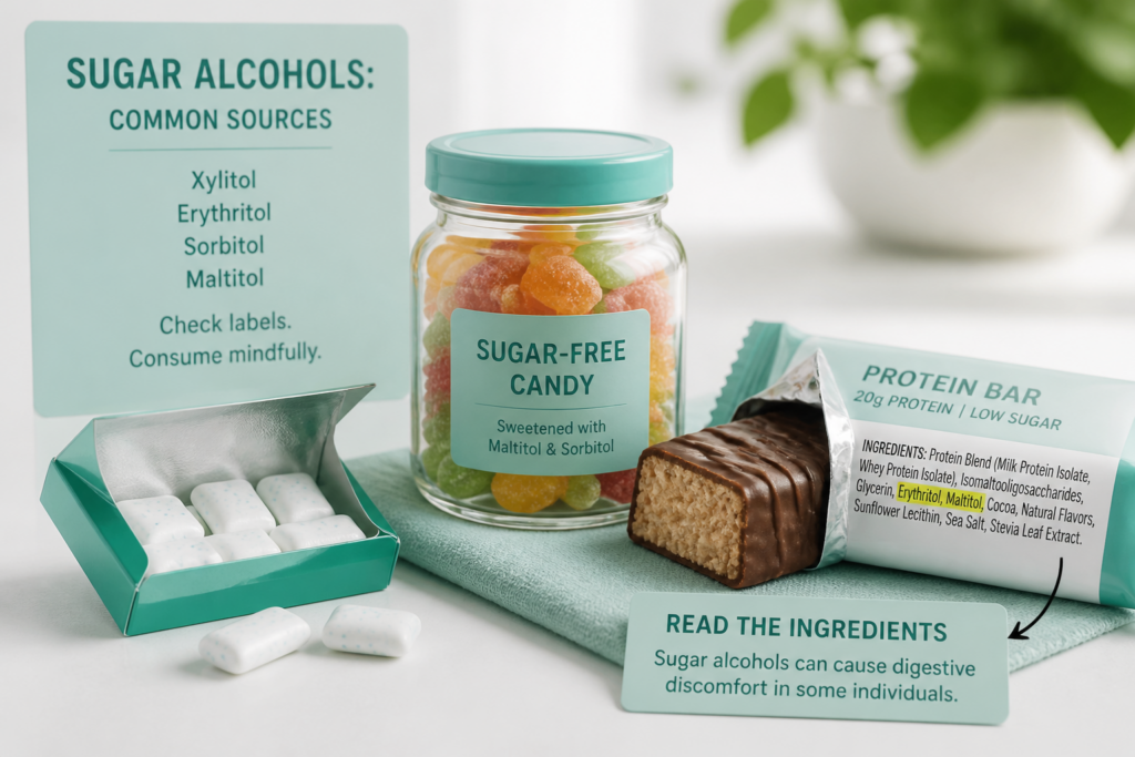 A display showcases sugar-free gum, a jar of sugar-free candy, and a protein bar. Labels highlight sugar alcohols like xylitol and maltitol, noting these may trigger digestive issues or IBS flare-ups for those mindful of what to eat on an IBS diet.