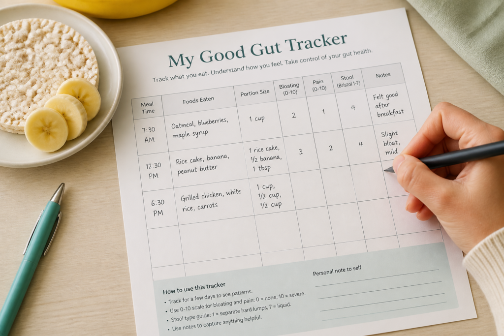 A hand fills out a “My Good Gut Tracker” form on a table with a pen. Rice cakes and a banana are nearby. The tracker supports IBS management and meal planning by logging foods, portions, symptoms, stool type, and gut health notes.