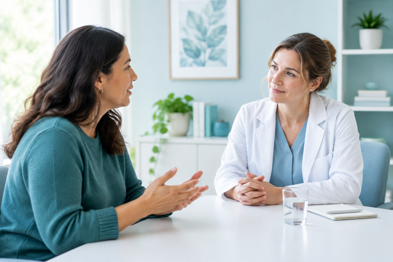 Adult discussing malabsorption symptoms, weight changes, and nutrient deficiency signs with a clinician