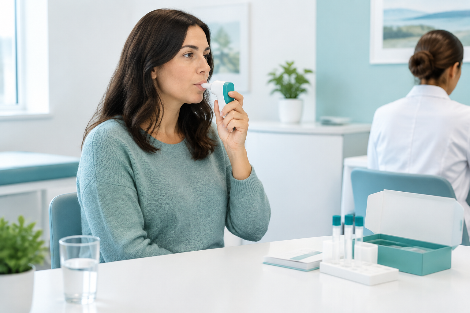 Adult using a breath test device during fructose malabsorption testing