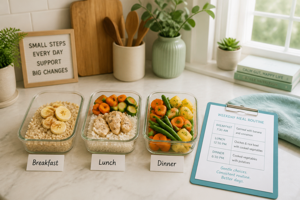 Three glass meal prep containers labeled breakfast, lunch, and dinner sit on a kitchen counter. A clipboard displays an IBS-D diet routine, and a sign reads, "Small steps every day support big changes.