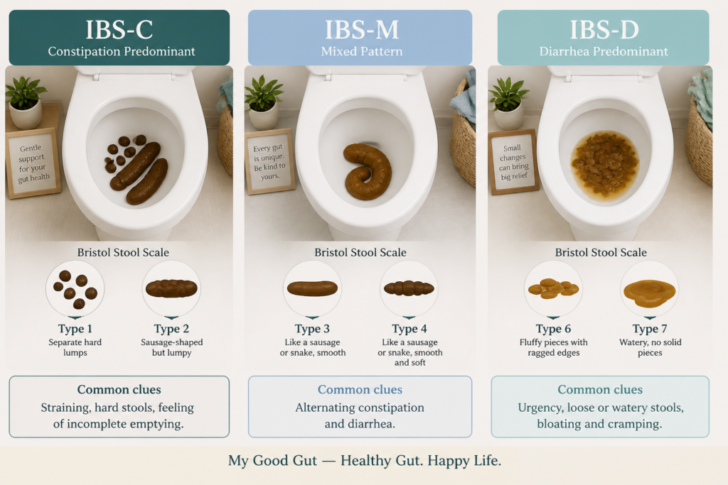 Infographic comparing IBS subtypes: three toilet bowls display stool types for IBS-C, IBS-M, and IBS-D, with Bristol Stool Scale images and common symptoms beneath each for easy IBS comparison.