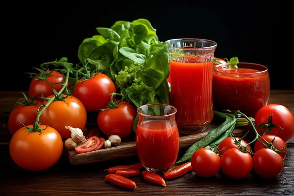 Fresh tomatoes and a variety of vegetables arranged on a rustic wooden table.