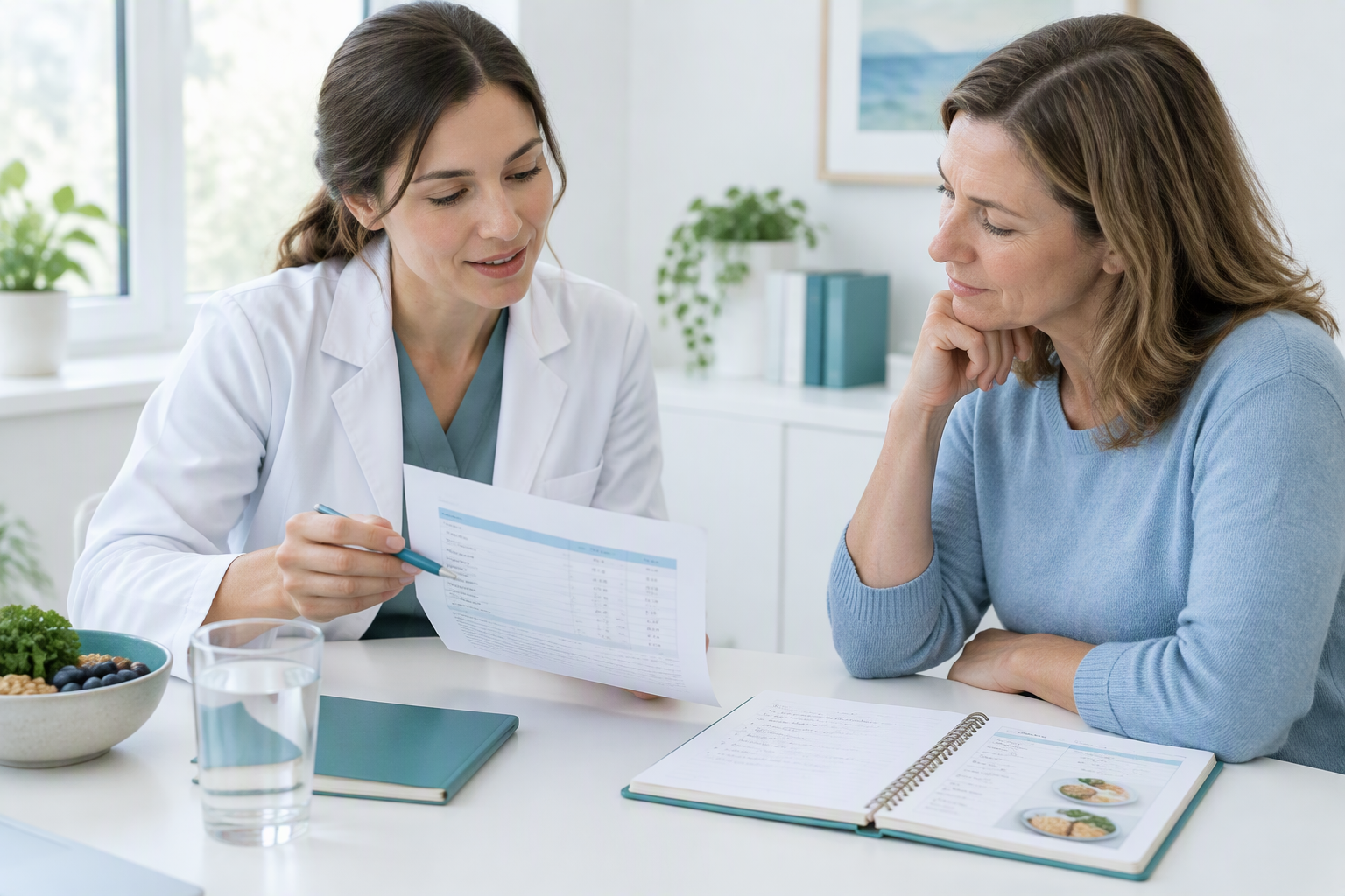 Clinician reviewing celiac disease follow-up tests and healing symptoms with an adult patient