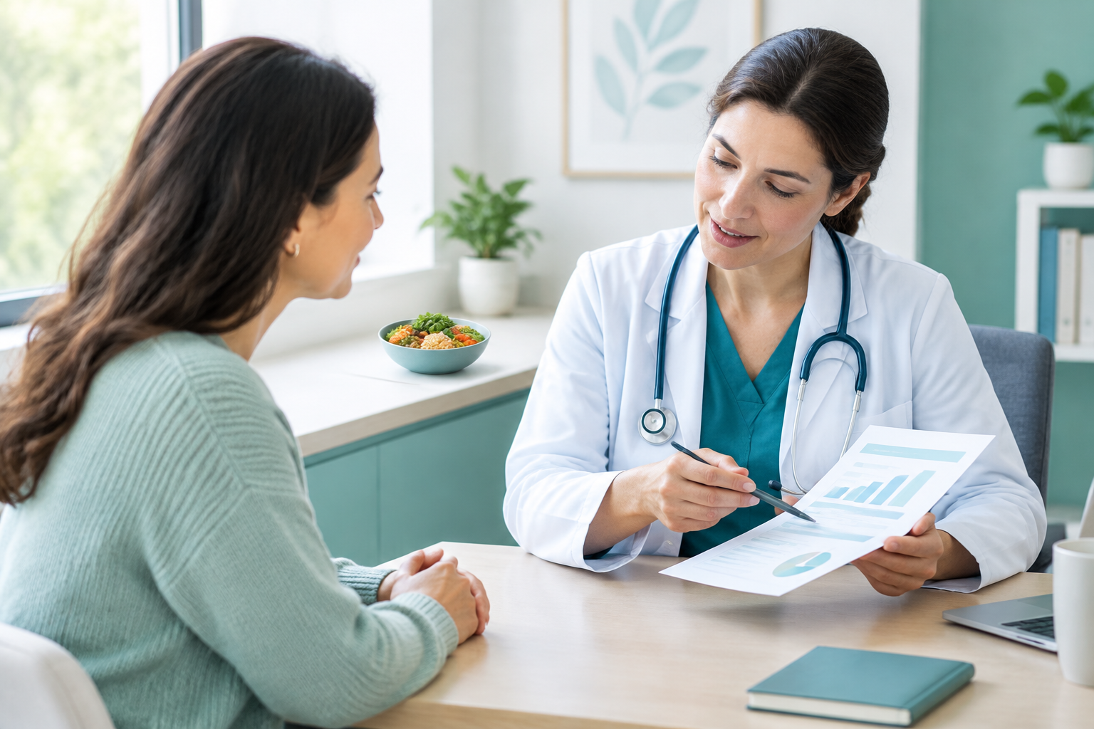 Patient and clinician discussing celiac disease follow-up and nutrient health