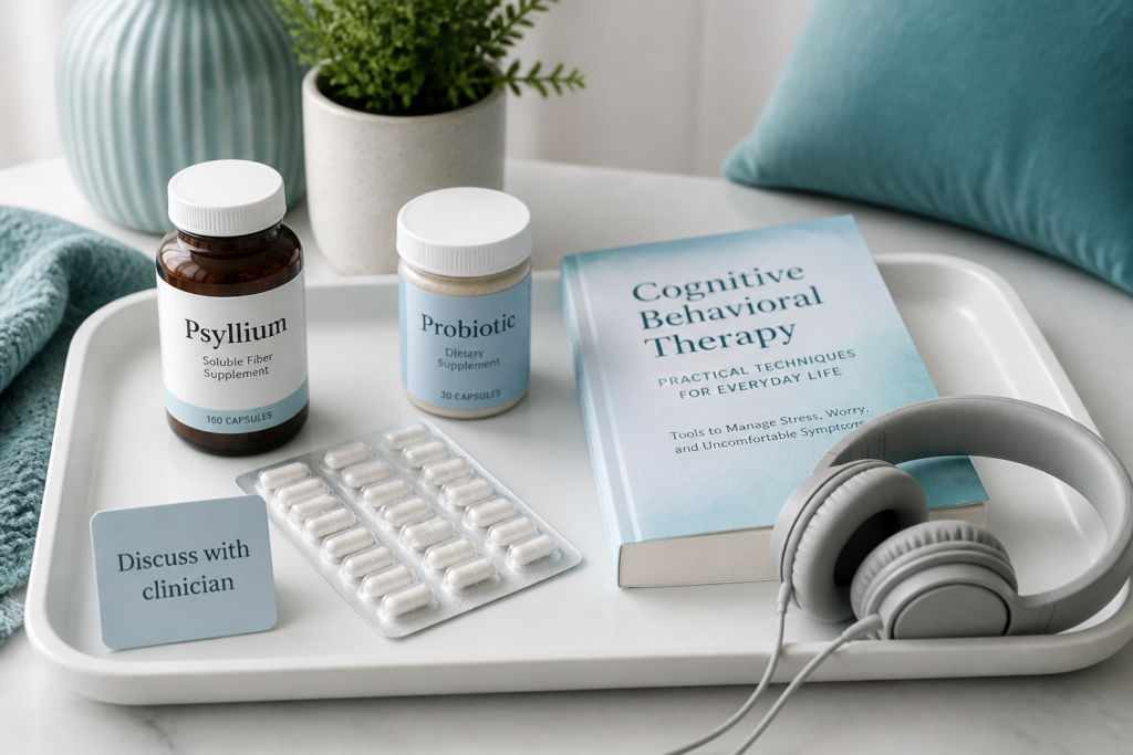 A tray holds bottles labeled Psyllium and Probiotic—common IBS treatments—a blister pack of capsules, a Cognitive Behavioral Therapy book, a note saying "Discuss with clinician," headphones, with a plant and towel in the background.