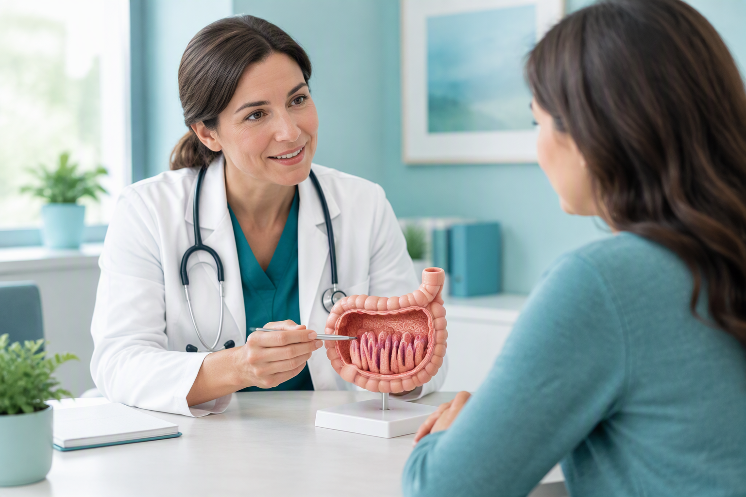 Clinician explaining celiac disease and small-intestine villi to an adult patient