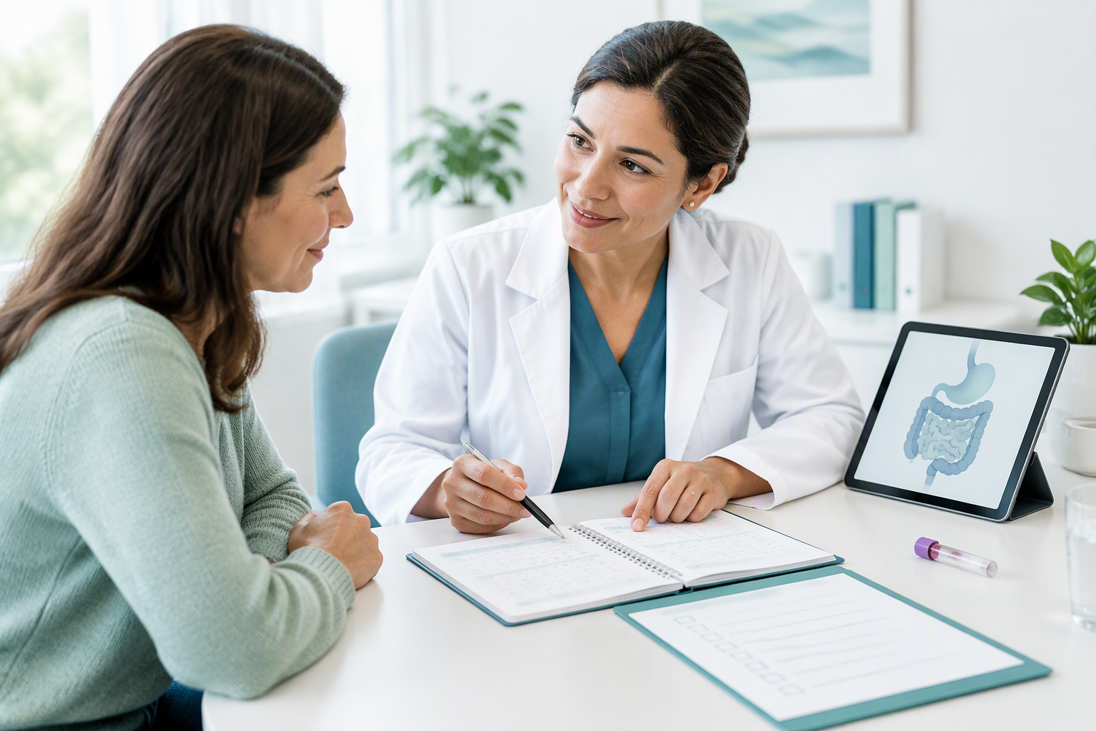Patient and clinician reviewing gastrointestinal symptoms and digestive disorder tests