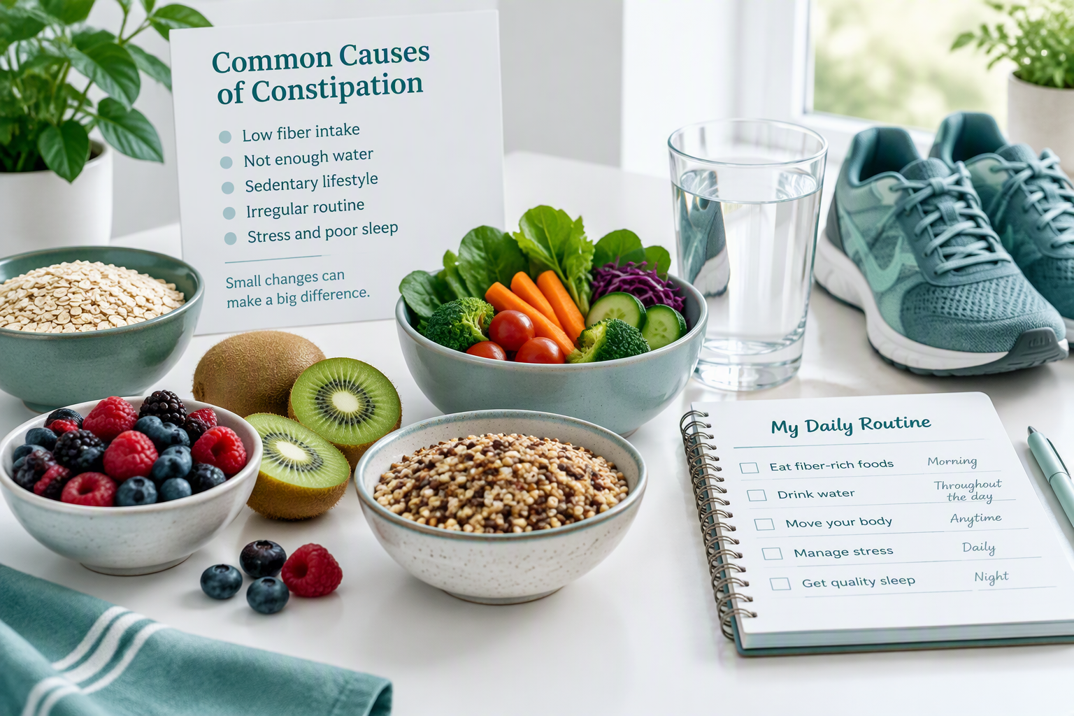 Fiber-rich foods, fluids, and movement to help prevent hard, large stools