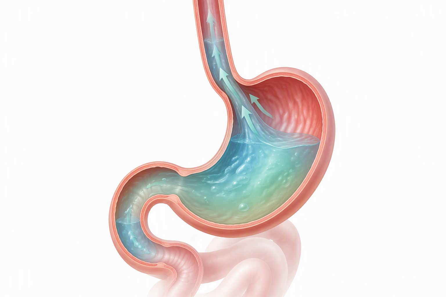 Upper digestive tract illustration highlighting the esophagus, stomach, and acid reflux