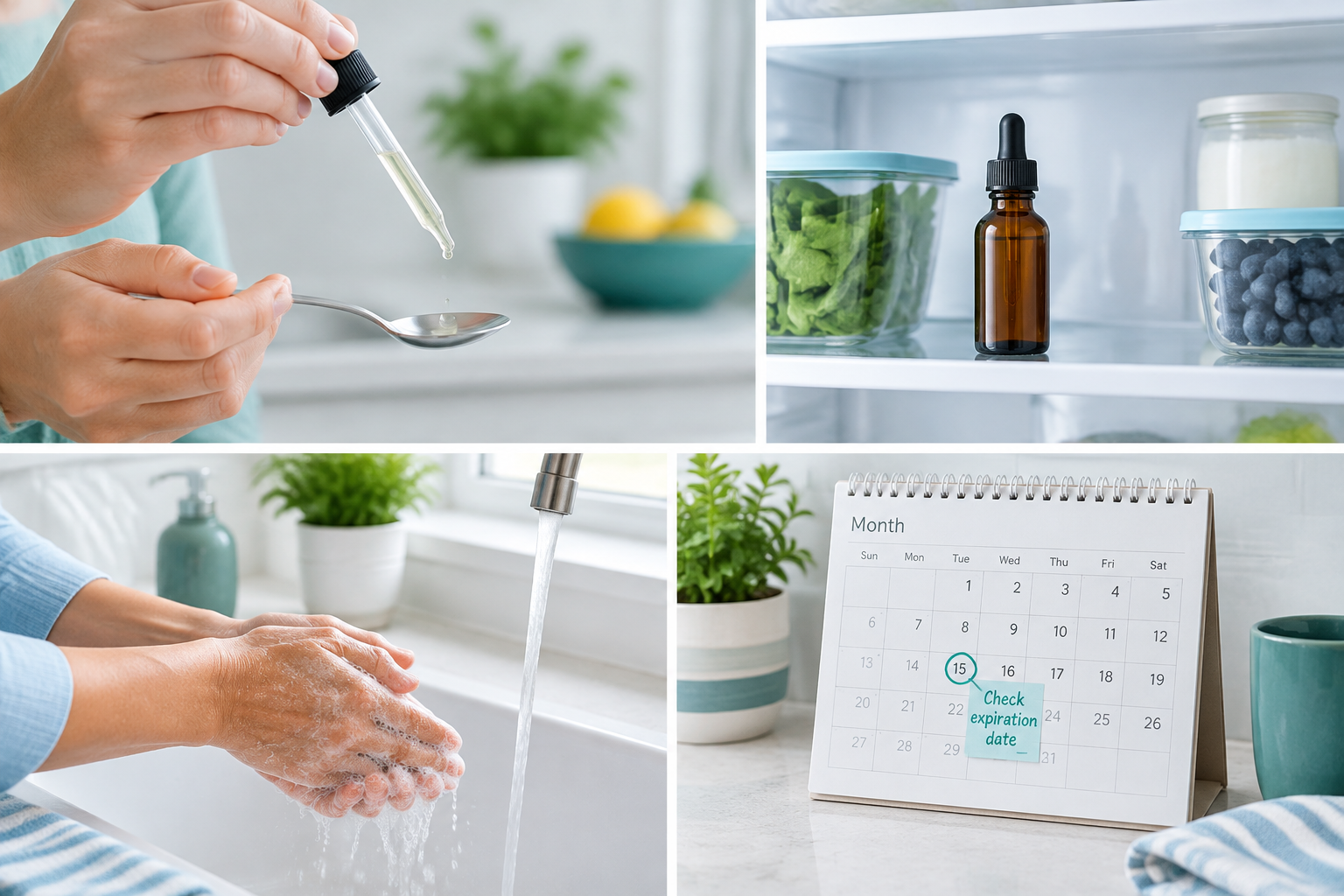 Safe liquid probiotic handling, dropper use, refrigeration, and expiration checks