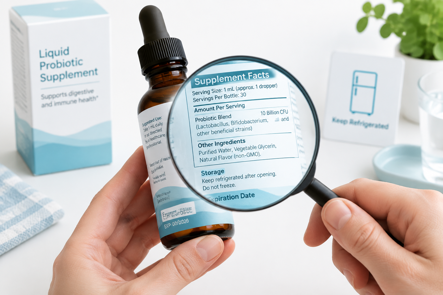 Checking liquid probiotic CFUs, expiration date, ingredients, and storage