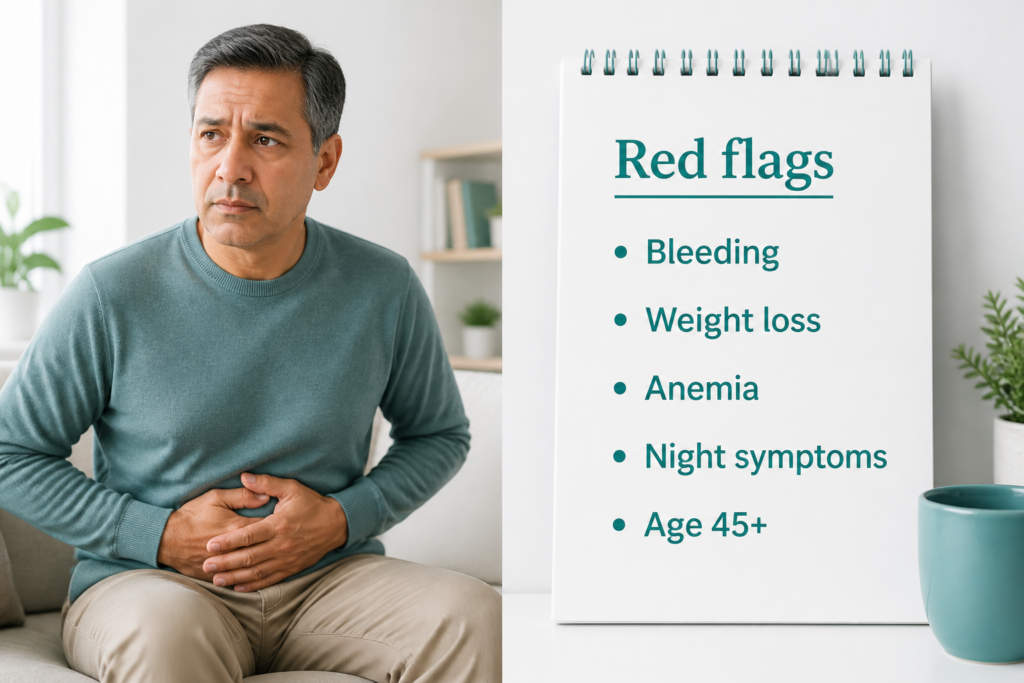 A middle-aged man sits holding his stomach in discomfort. Next to him, a notepad lists "Red flags: Bleeding, Weight loss, Anemia, Night symptoms, Age 45+," as a guide for IBS or signs that may need a colonoscopy. A green mug and plant are nearby.