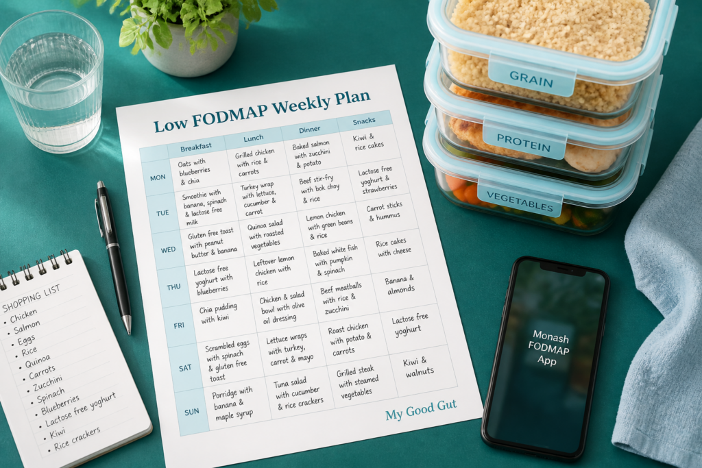 A table with a Low FODMAP weekly meal plan for IBS, a glass of water, a potted plant, a notepad with a shopping list, a smartphone showing the Monash FODMAP app, and stacked food containers labeled grain, protein, and vegetables.