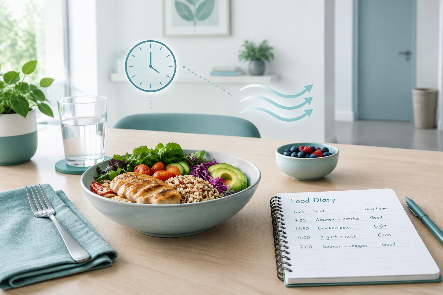 Digestive symptoms after meals, including diarrhea, sulfur burps, and vomiting