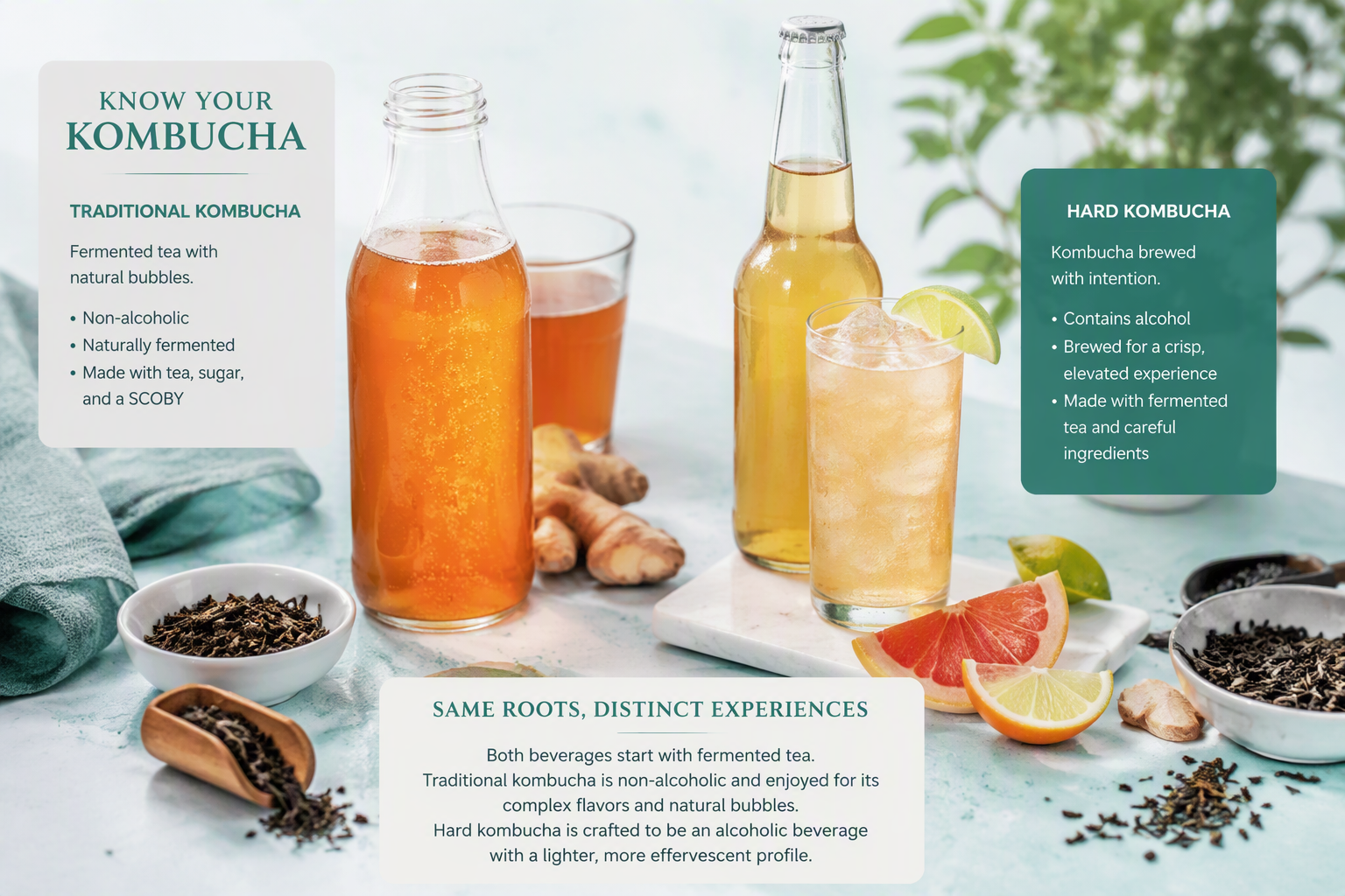 Traditional kombucha and hard kombucha alcohol and probiotic comparison