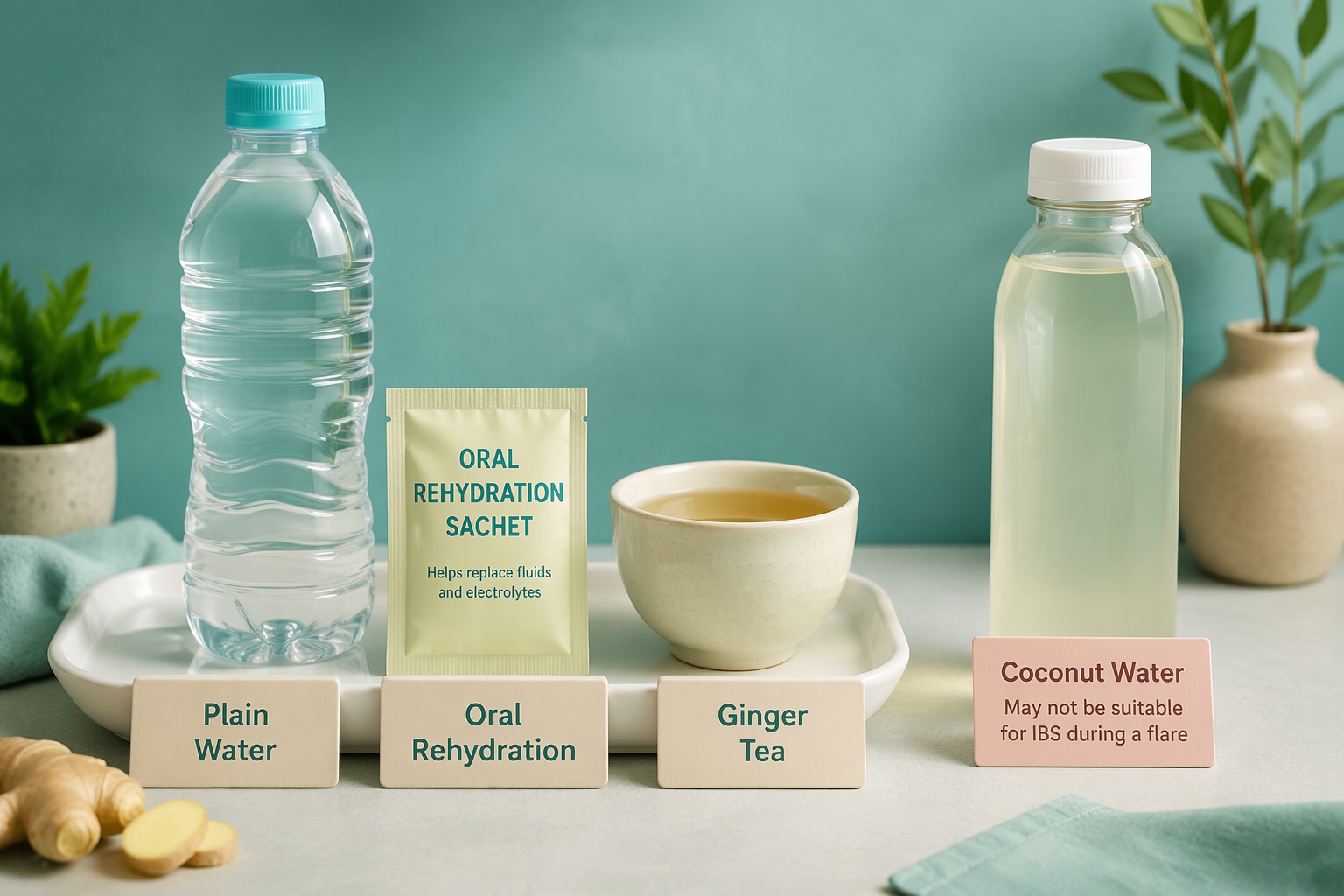 Hydration alternatives to coconut water: plain water, rehydration solution, ginger tea