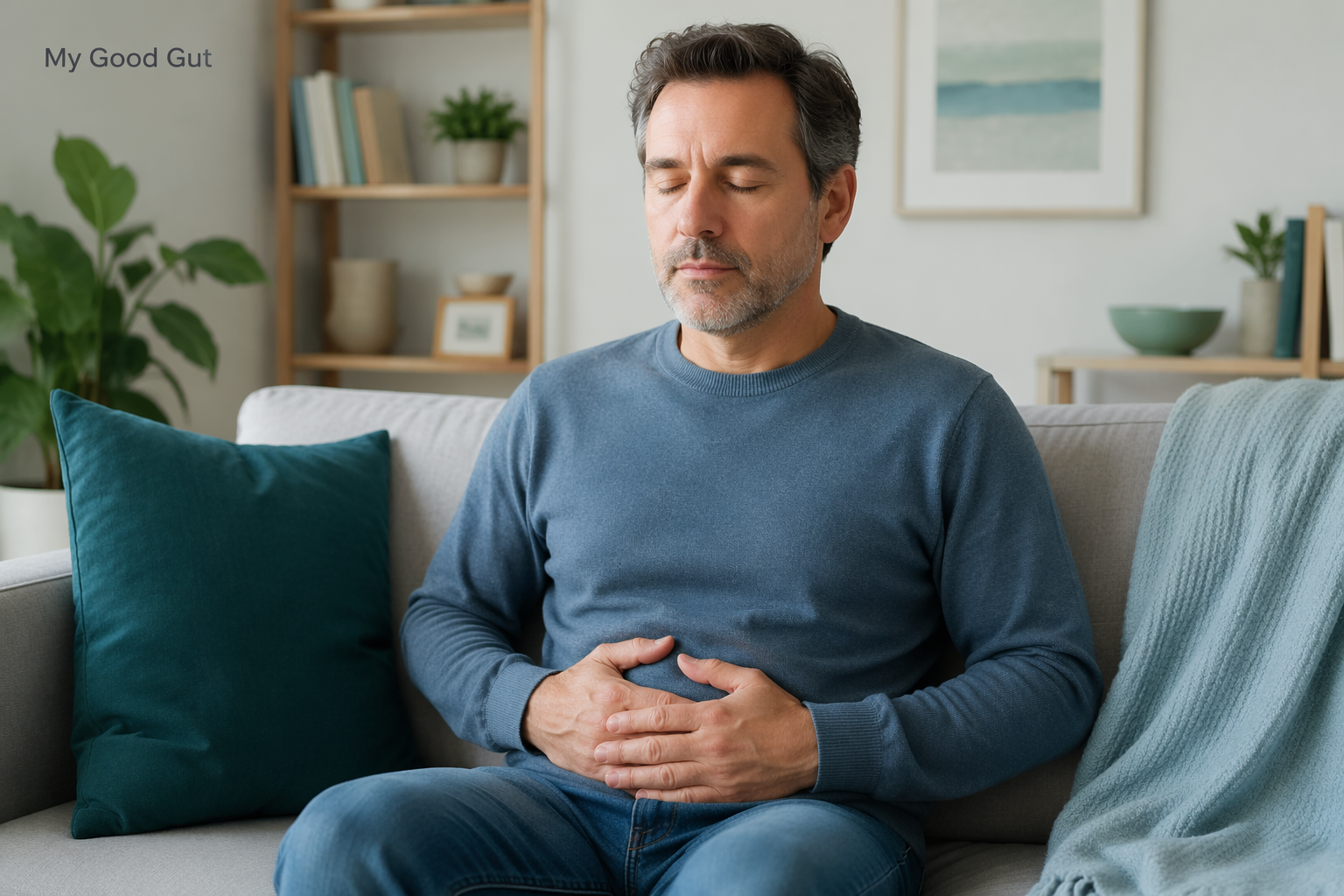 Man with lower abdominal discomfort, illustrating IBS symptoms in men